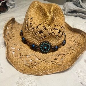 Brown Straw Cowboy Hat with Blue Beaded Accent
